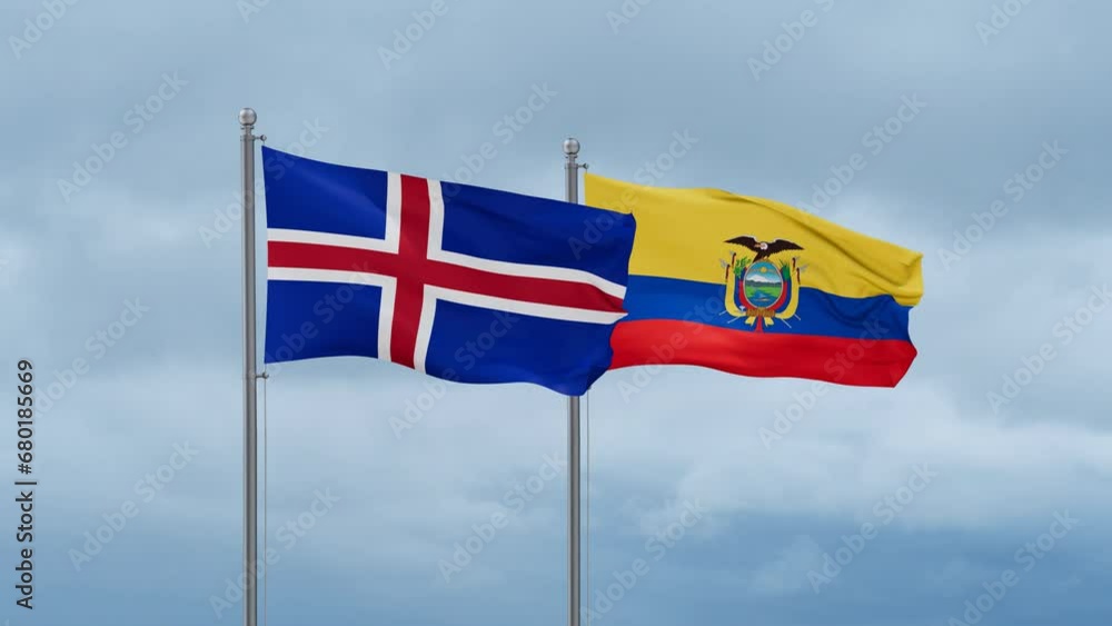Ecuador flag and Iceland flag waving together on cloudy sky, endless seamless loop, two country relations concept Ecuador flag and Iceland flag waving together on cloudy sky, endless seamless loop, two country relations concept