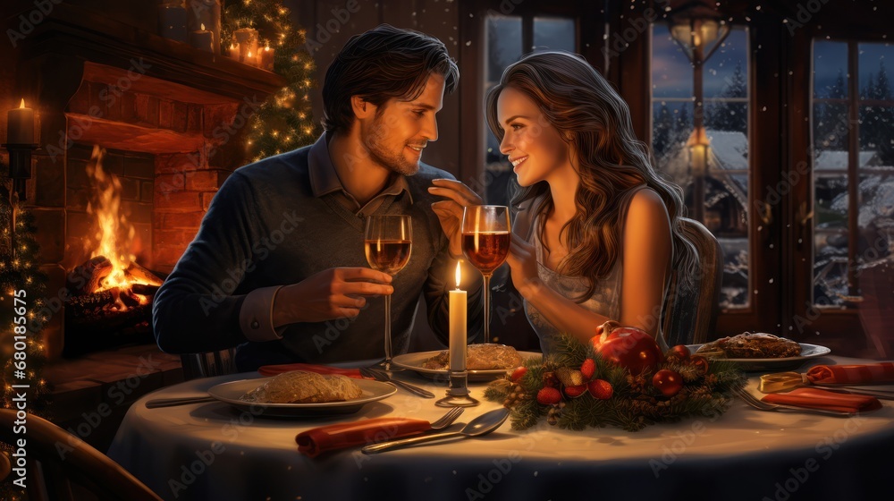  a man and a woman sitting at a table in front of a fire place with a glass of wine and a plate of food in front of food on the table.