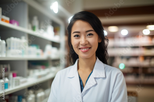 Closeup Portrait of a female pharmacist in a modern pharmacy, standing by the medication shelves and making eye contact with the camera, professional photography