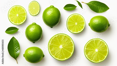 A spread of green lime slices on a bright white backdrop, viewed from above.