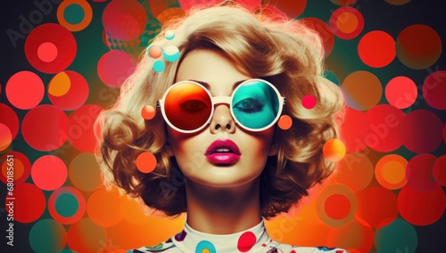  A blonde woman with oversized glasses, dressed in retro fashion, stands against a colorful background, perfect for vintage style or creative beauty concepts.