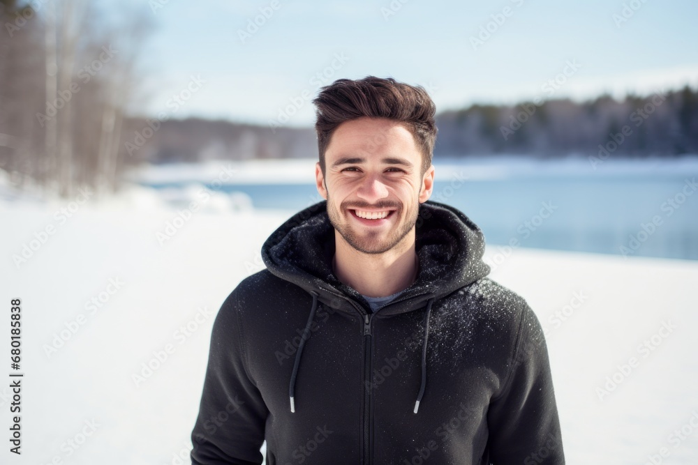 Portrait of a happy man in his 20s dressed in a casual t-shirt against a backdrop of a frozen winter lake. AI Generation Portrait of a happy man in his 20s dressed in a casual t-shirt against a backdrop of a frozen winter lake. AI Generation