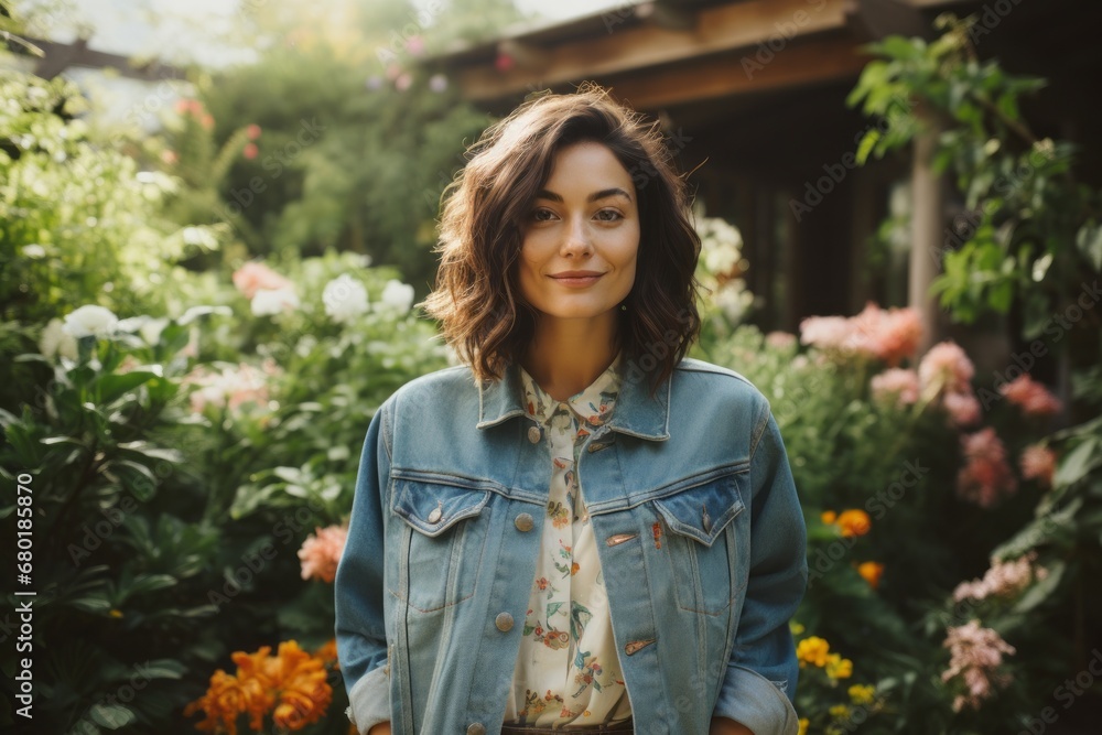 Portrait of a satisfied woman in her 30s sporting a rugged denim jacket against a lush botanical garden. AI Generation Portrait of a satisfied woman in her 30s sporting a rugged denim jacket against a lush botanical garden. AI Generation
