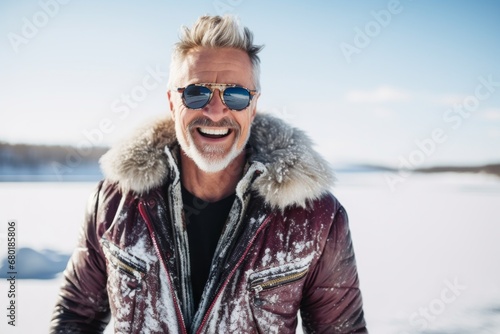 Portrait of a cheerful man in his 50s wearing a trendy bomber jacket against a backdrop of a frozen winter lake. AI Generation