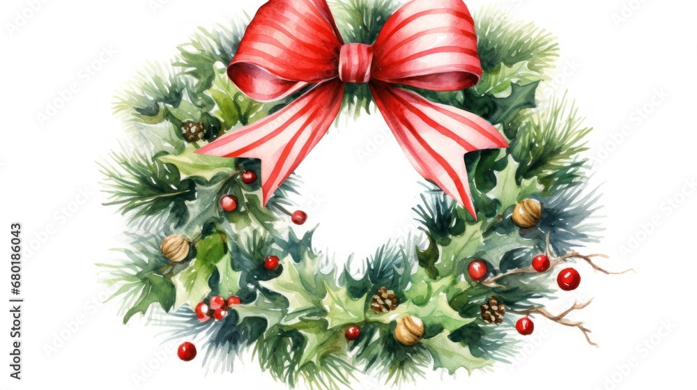 Fototapeta premium a watercolor painting of a christmas wreath with a red bow and holly wreath with pine cones, berries, and pine cones with a red ribbon on a white background.