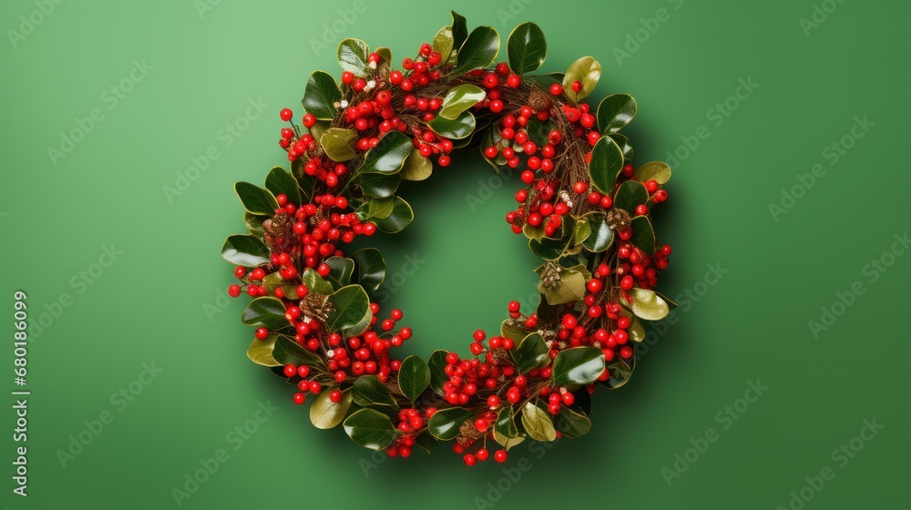 a christmas wreath with red berries and green leaves on a green background with copy - space for the letter o in the center of the wreath is a red berries and green leaves. a christmas wreath with red berries and green leaves on a green background with copy - space for the letter o in the center of the wreath is a red berries and green leaves.