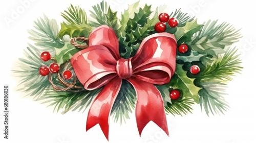 a red bow with holly leaves and red berries on a white background with a red ribbon on the top of the bow is a mistle with red berries and green leaves.