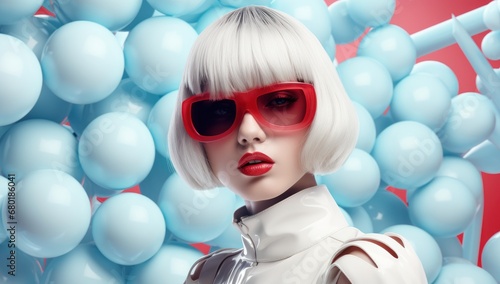 Futuristic woman with white bob hairstyle and sunglasses against a blue balloon backdrop, ideal for modern fashion.