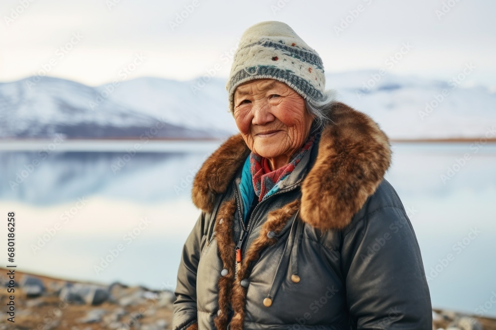 Portrait of a satisfied elderly woman in her 90s dressed in a water-resistant gilet against a backdrop of an arctic landscape. AI Generation Portrait of a satisfied elderly woman in her 90s dressed in a water-resistant gilet against a backdrop of an arctic landscape. AI Generation