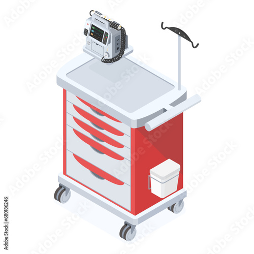 Emergency trolley, crash cart, emergency cart for hospital in isometric. Isolated objected. Vector.