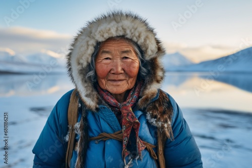 Portrait of a satisfied elderly woman in her 90s dressed in a water-resistant gilet against a backdrop of an arctic landscape. AI Generation