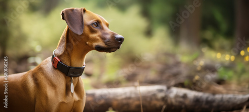 Tracking Device for Pet Collars, Application to find pet by identification chip. dog with a collar outdoors, a chip with a code when the animal is lost, carrying a GPS collar device