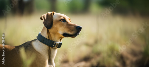 Tracking Device for Pet Collars, Application to find pet by identification chip. dog with a collar outdoors, a chip with a code when the animal is lost, carrying a GPS collar device © chiew