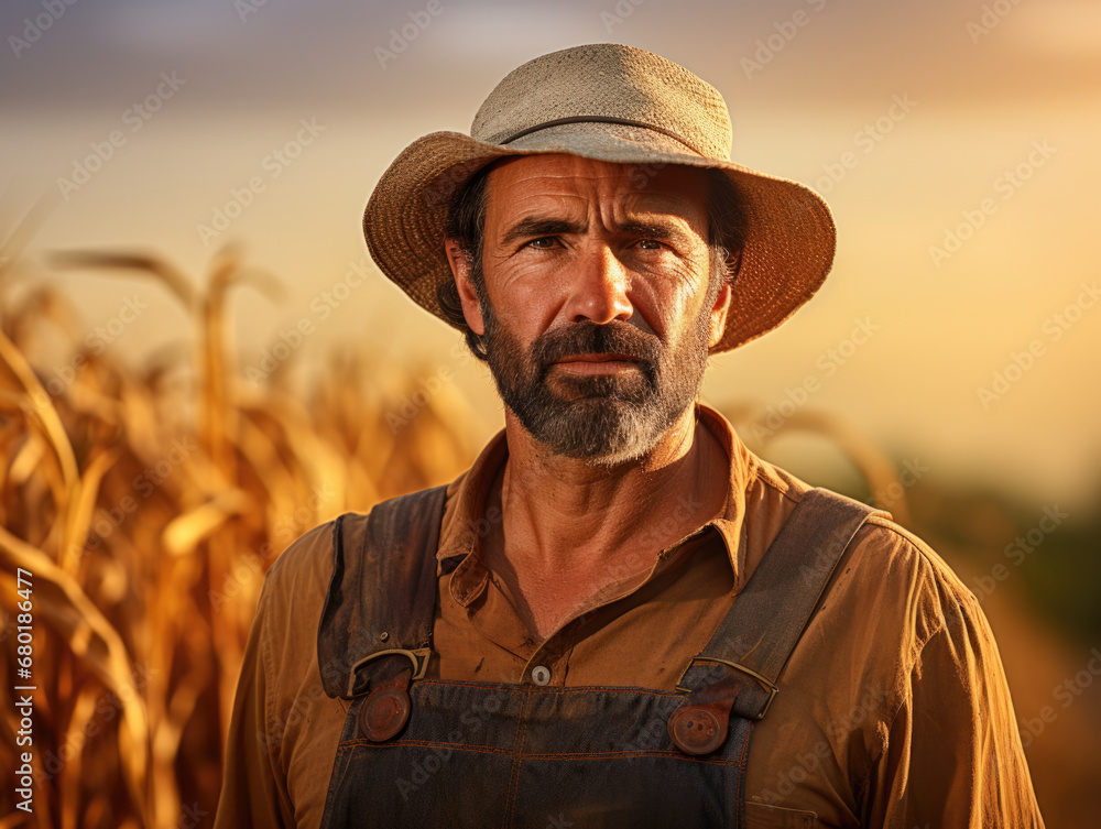 Portrait of a male farmer in his sun-kissed field, filled with a bountiful harvest