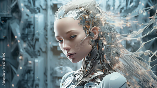A woman's face combined with electronics. AI or artificial intelligence in the image of the robot's head. Cyborg with an electronic brain. Wires connected to the back of the robot woman's head