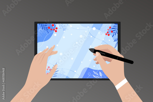 Vector cartoon illustration close-up of a tablet, a woman's hand holds a stylus and draws on a tablet close-up winter background from above. Designer at work digital illustration