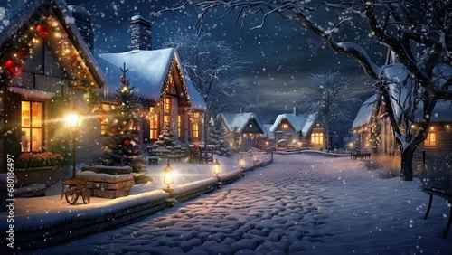 christmas decoration in the village in the snow with cartoon style. seamless looping time-lapse virtual video animation background.	

