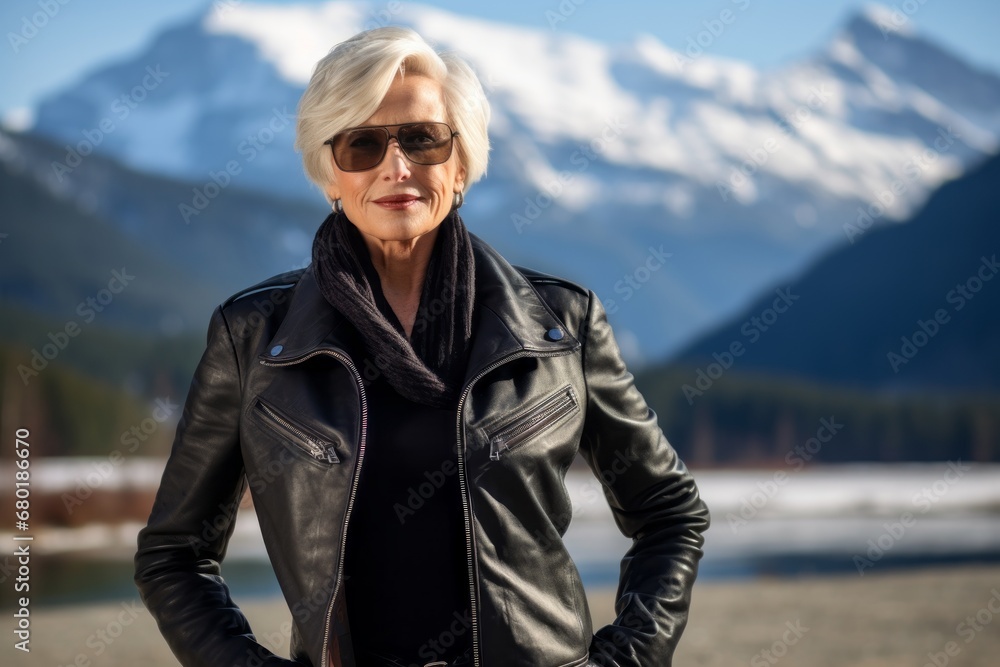 Portrait of a content woman in her 60s sporting a classic leather jacket against a pristine snowy mountain. AI Generation