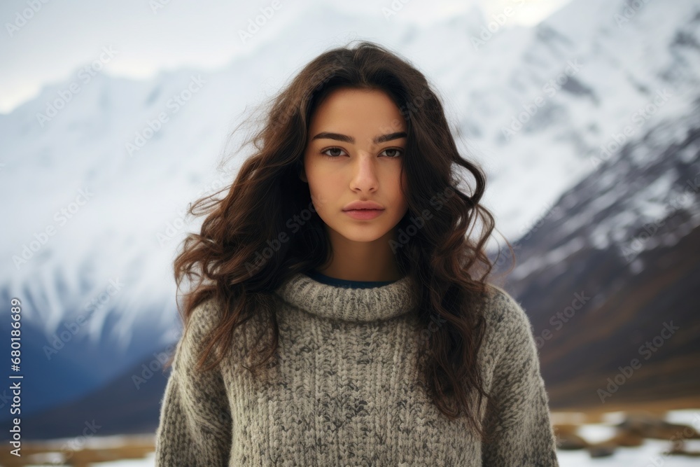 Portrait of a tender woman in her 20s dressed in a comfy fleece pullover against a pristine snowy mountain. AI Generation Portrait of a tender woman in her 20s dressed in a comfy fleece pullover against a pristine snowy mountain. AI Generation