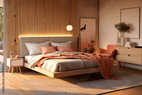 Cozy modern bedroom interior with warm lighting  comfortable bed