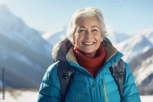 Portrait of a glad woman in her 70s donning a durable down jacket against a pristine snowy mountain. AI Generation