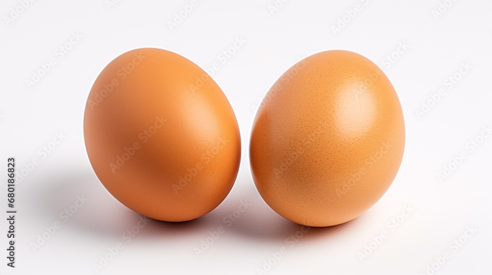 Two chicken eggs sit apart on a white surface. Two chicken eggs sit apart on a white surface.