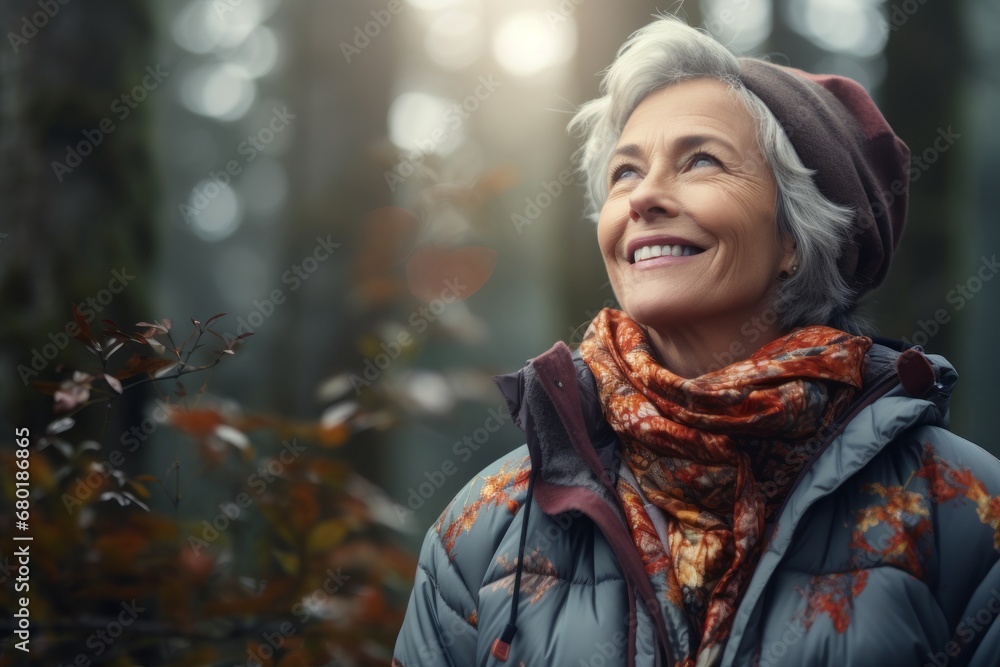 Portrait of a happy woman in her 60s sporting a quilted insulated jacket against a backdrop of a mystical forest. AI Generation Portrait of a happy woman in her 60s sporting a quilted insulated jacket against a backdrop of a mystical forest. AI Generation