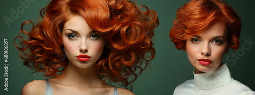 portrait of two young red-haired women with different hairstyles on a green background. banner,beauty and personal care salon concept photo