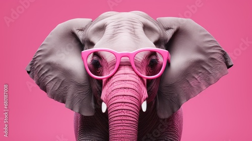  an elephant with pink glasses on it's head and a pink background with a pink background and a pink elephant with pink glasses on it's head and a pink background.