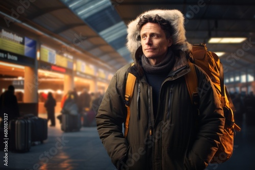 Portrait of a merry man in his 40s wearing a warm parka against a bustling airport terminal background. AI Generation