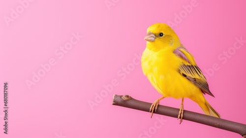  a yellow bird perched on a branch against a pink background with a pink background behind it and a brown branch with a yellow bird on it's left side. © Olga
