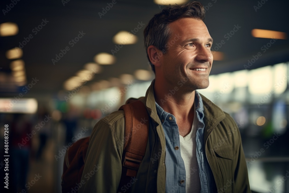 Portrait of a happy man in his 40s sporting a vented fishing shirt against a bustling airport terminal. AI Generation