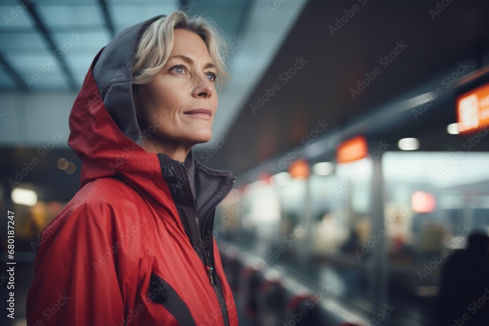 Portrait of a content woman in her 50s wearing a functional windbreaker against a bustling airport terminal. AI Generation Portrait of a content woman in her 50s wearing a functional windbreaker against a bustling airport terminal. AI Generation