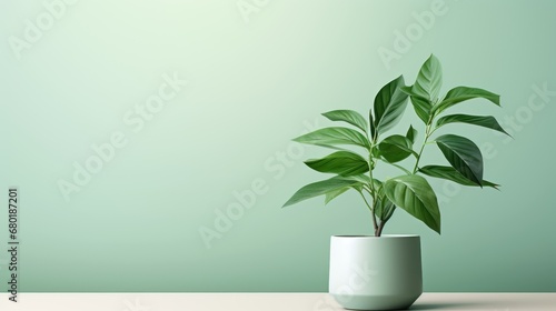  a potted plant sitting on top of a table next to a green wall with a light green wall behind it and a white vase with a green leafy plant in it.