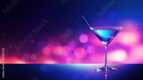  a blue martini sitting on top of a table in front of a purple and pink blurry background with a straw sticking out of the top of the drink in the glass.