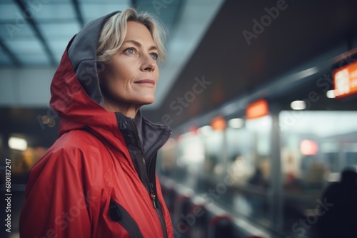 Portrait of a content woman in her 50s wearing a functional windbreaker against a bustling airport terminal. AI Generation © CogniLens