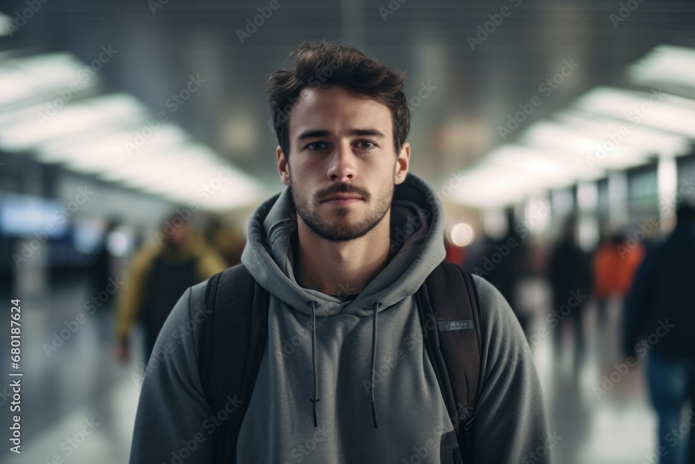 Portrait of a satisfied man in his 20s sporting a comfortable hoodie against a bustling airport terminal background. AI Generation