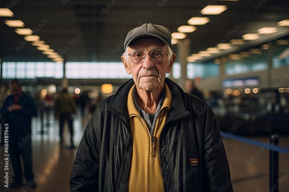 Portrait of a glad elderly man in his 90s wearing a moisture-wicking running shirt against a bustling airport terminal. AI Generation Portrait of a glad elderly man in his 90s wearing a moisture-wicking running shirt against a bustling airport terminal. AI Generation