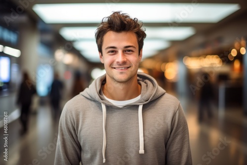 Portrait of a satisfied man in his 20s sporting a comfortable hoodie against a bustling airport terminal background. AI Generation © CogniLens