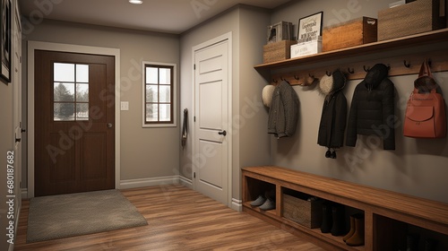  a hallway with a coat rack, coat rack, and a wooden bench with shoes hanging on it and a door with a window on the other side of the wall. © Olga