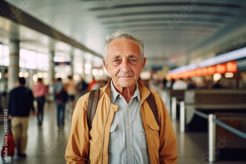 Portrait of a glad elderly man in his 90s wearing a moisture-wicking running shirt against a bustling airport terminal. AI Generation © CogniLens