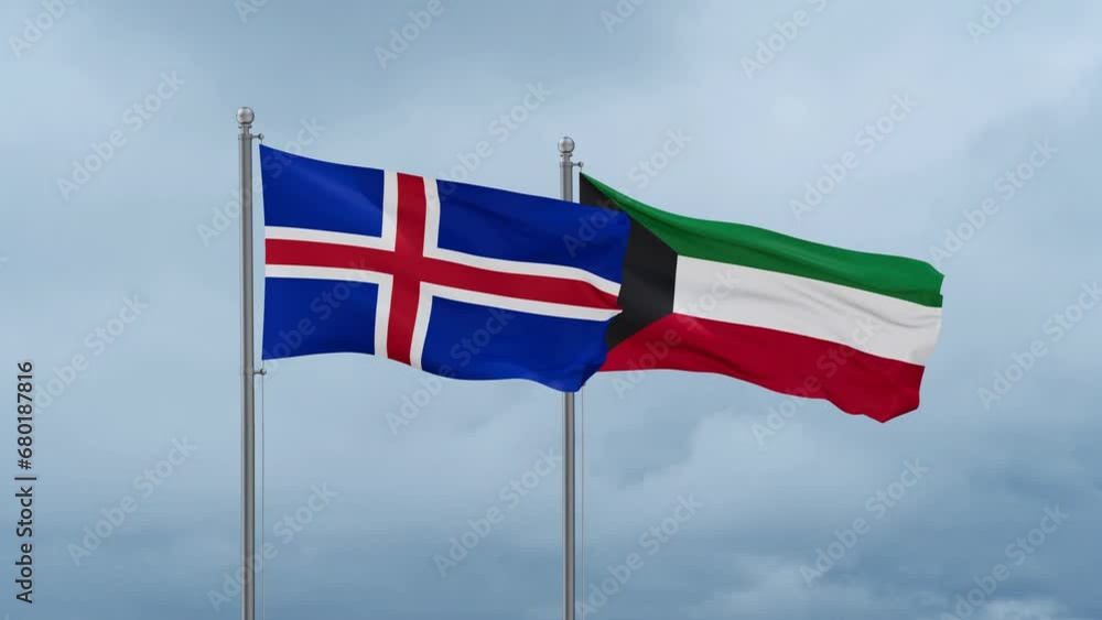 Kuwait and Iceland flag waving together on cloudy sky, endless seamless loop, two country cooperation concept Kuwait and Iceland flag waving together on cloudy sky, endless seamless loop, two country cooperation concept
