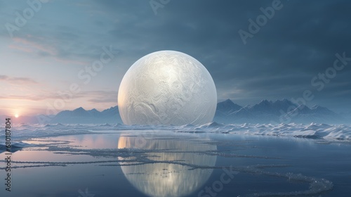  a large white object floating on top of a body of water in the middle of a snow covered mountain range under a cloudy sky with a sun in the distance.