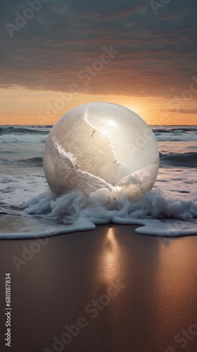  a large white ball floating on top of a sandy beach next to the ocean at sunset with waves crashing on the beach and the sun reflecting off of the ball.