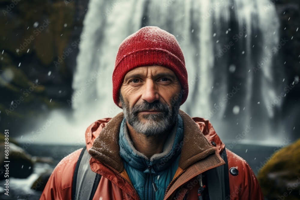 Portrait of a satisfied man in his 40s dressed in a warm ski hat against a backdrop of a spectacular waterfall. AI Generation Portrait of a satisfied man in his 40s dressed in a warm ski hat against a backdrop of a spectacular waterfall. AI Generation