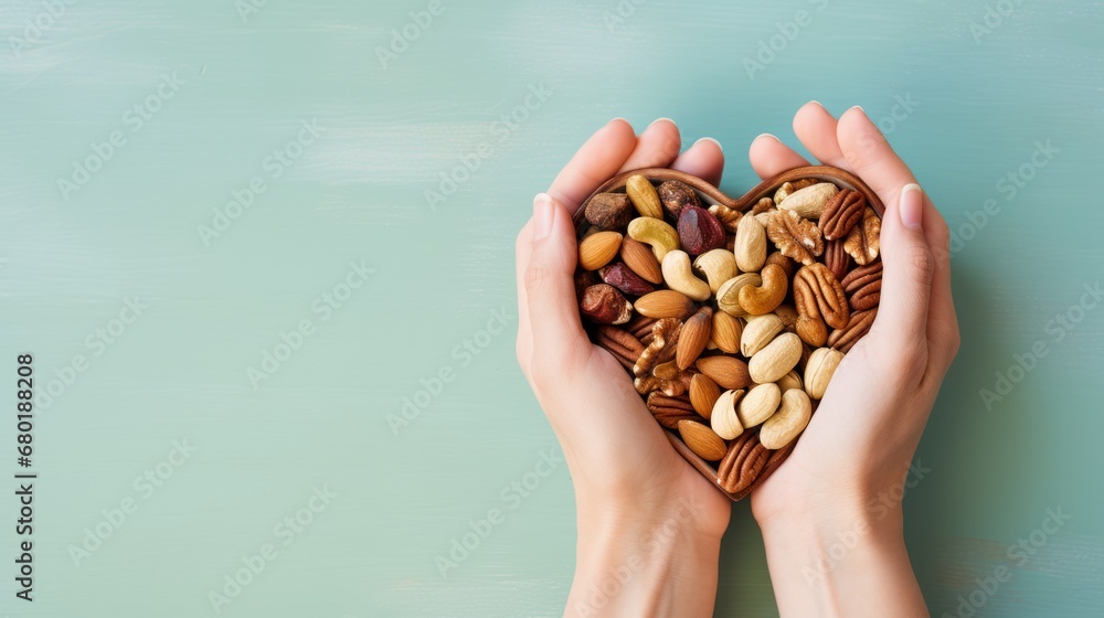  two hands holding a heart shaped basket filled with nuts on a blue and green background with space for a text or a picture of a hand holding a heart shaped basket filled with nuts. - obrazy, fototapety, plakaty 