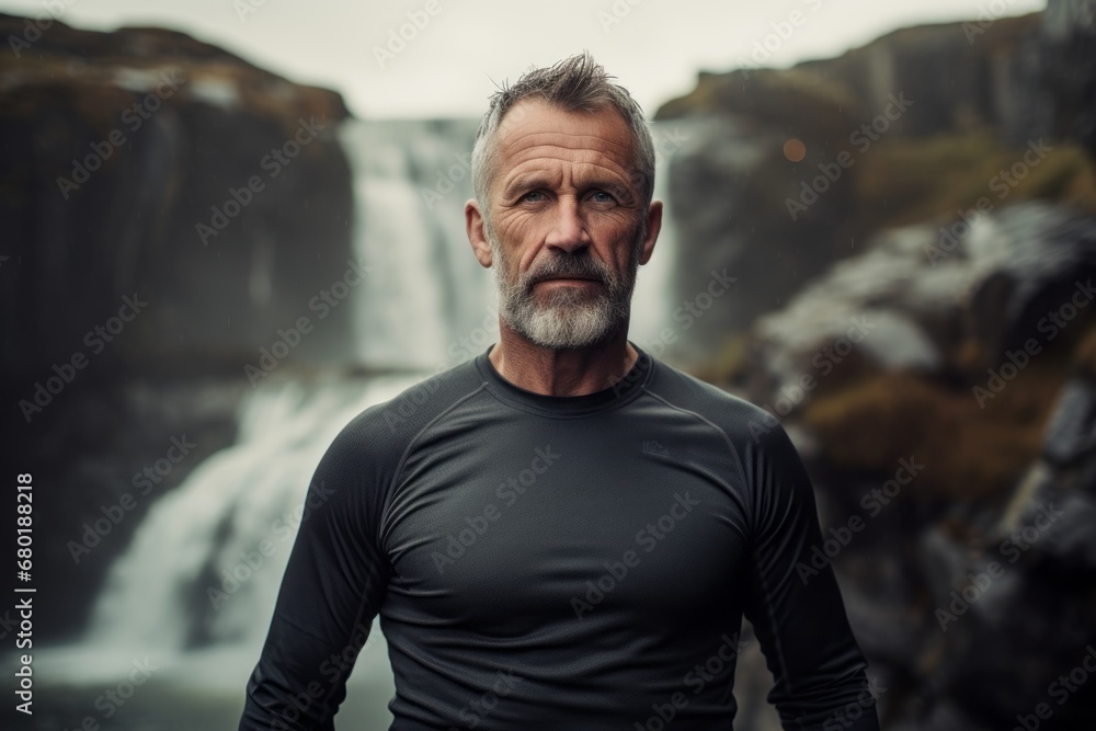 Portrait of a content man in his 50s showing off a lightweight base layer against a backdrop of a spectacular waterfall. AI Generation Portrait of a content man in his 50s showing off a lightweight base layer against a backdrop of a spectacular waterfall. AI Generation