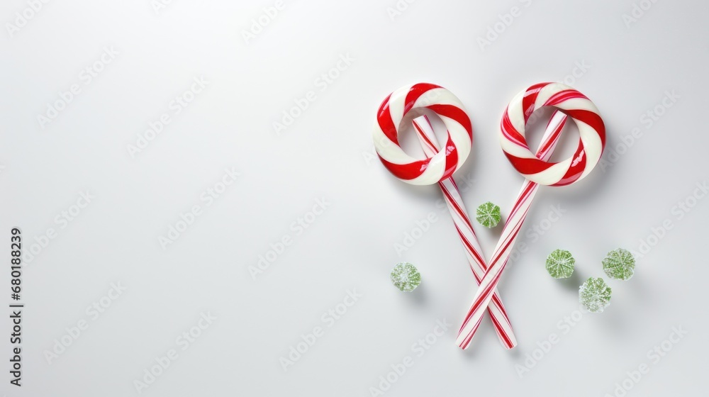 a couple of lollipops sitting on top of each other on top of a white table next to candy canes on top of a green leafy plant. a couple of lollipops sitting on top of each other on top of a white table next to candy canes on top of a green leafy plant.
