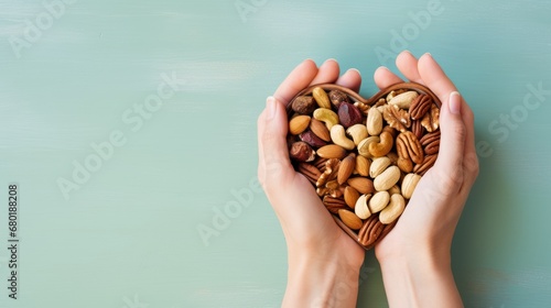  two hands holding a heart shaped basket filled with nuts on a blue and green background with space for a text or a picture of a hand holding a heart shaped basket filled with nuts. photo