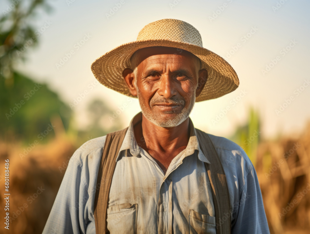 Portrait of a male farmer in his sun-kissed field, filled with a bountiful harvest